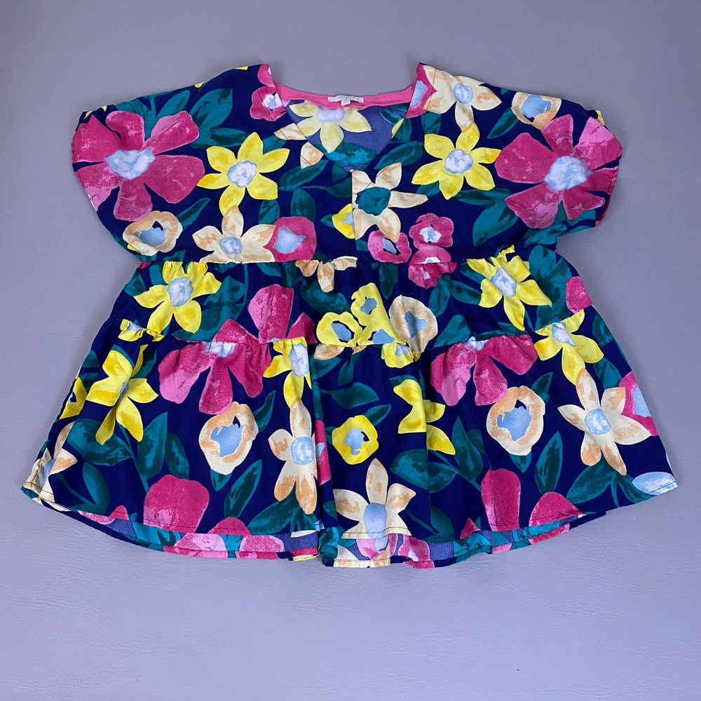 Umgee Blouse Peplum Top Womens 1XL Floral  Navy Blue Pink Yellow Tiered Babydoll